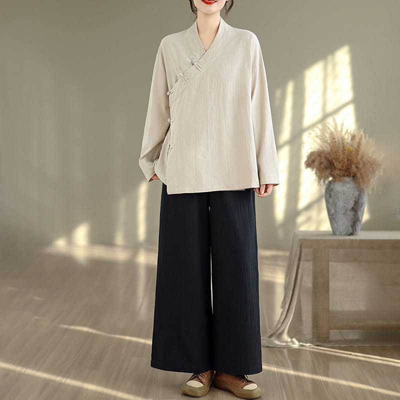2Pcs V-Neck Long Sleeve Shirt Wide Leg Pants Zen Meditation Women's Set