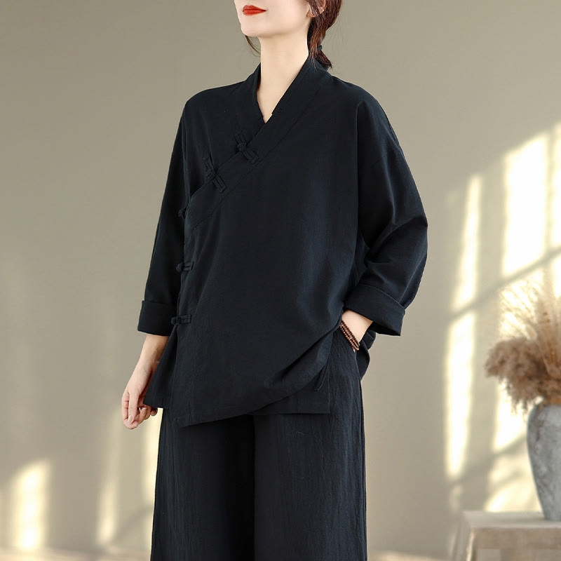 2Pcs V-Neck Long Sleeve Shirt Wide Leg Pants Zen Meditation Women's Set