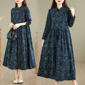 Botanical Cotton-Blend Stand-Collar Grounding Maxi Dress