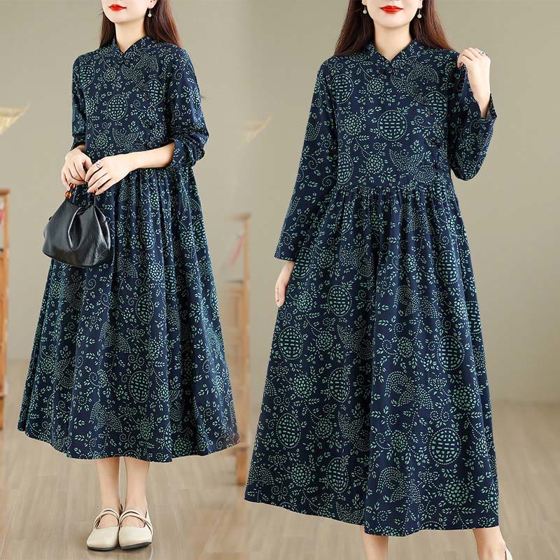 Botanical Cotton-Blend Stand-Collar Grounding Maxi Dress