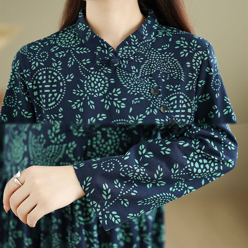 Botanical Cotton-Blend Stand-Collar Grounding Maxi Dress