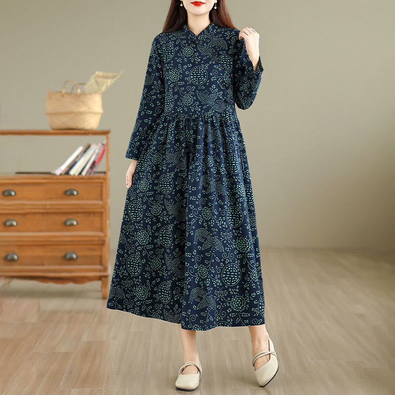Botanical Cotton-Blend Stand-Collar Grounding Maxi Dress