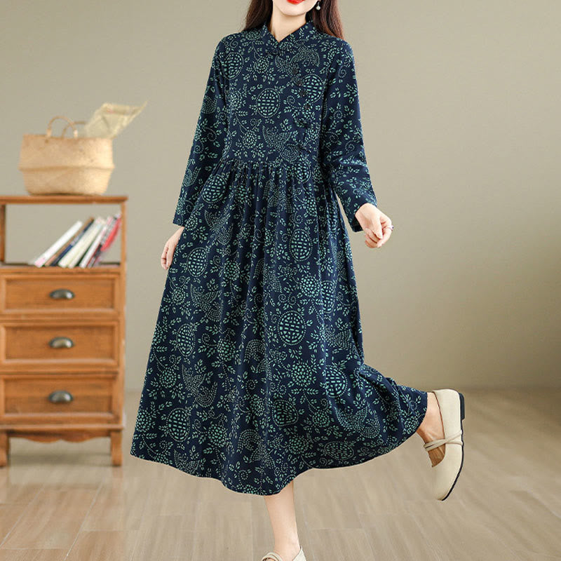 Botanical Cotton-Blend Stand-Collar Grounding Maxi Dress