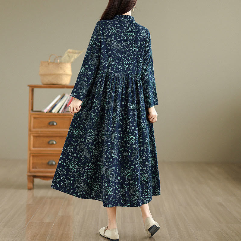 Botanical Cotton-Blend Stand-Collar Grounding Maxi Dress