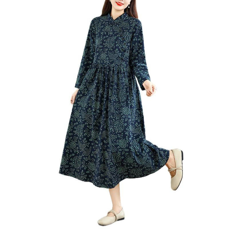 Botanical Cotton-Blend Stand-Collar Grounding Maxi Dress