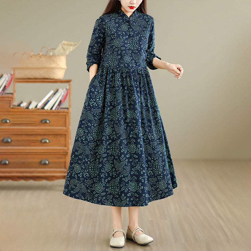 Botanical Cotton-Blend Stand-Collar Grounding Maxi Dress