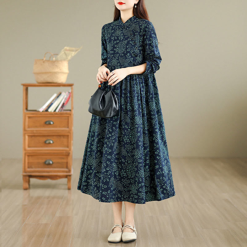 Botanical Cotton-Blend Stand-Collar Grounding Maxi Dress