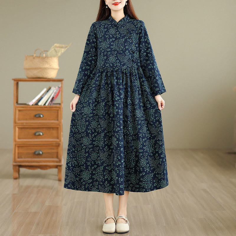 Botanical Cotton-Blend Stand-Collar Grounding Maxi Dress
