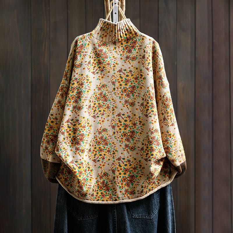 Women's Knitted Floral Cotton Ribbed Hem Long Sleeve Mock Neck Sweater