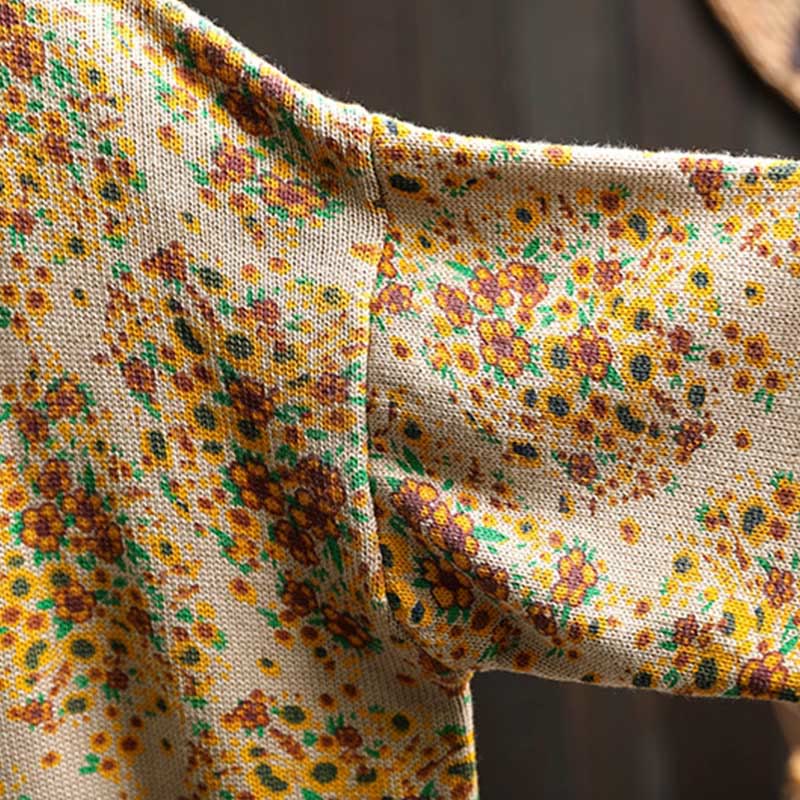 Women's Knitted Floral Cotton Ribbed Hem Long Sleeve Mock Neck Sweater