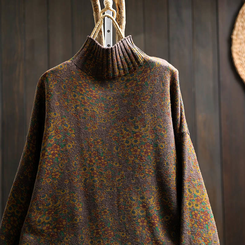 Women's Knitted Floral Cotton Ribbed Hem Long Sleeve Mock Neck Sweater