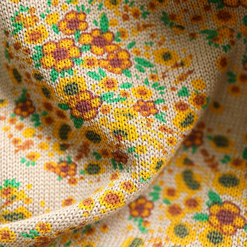 Women's Knitted Floral Cotton Ribbed Hem Long Sleeve Mock Neck Sweater