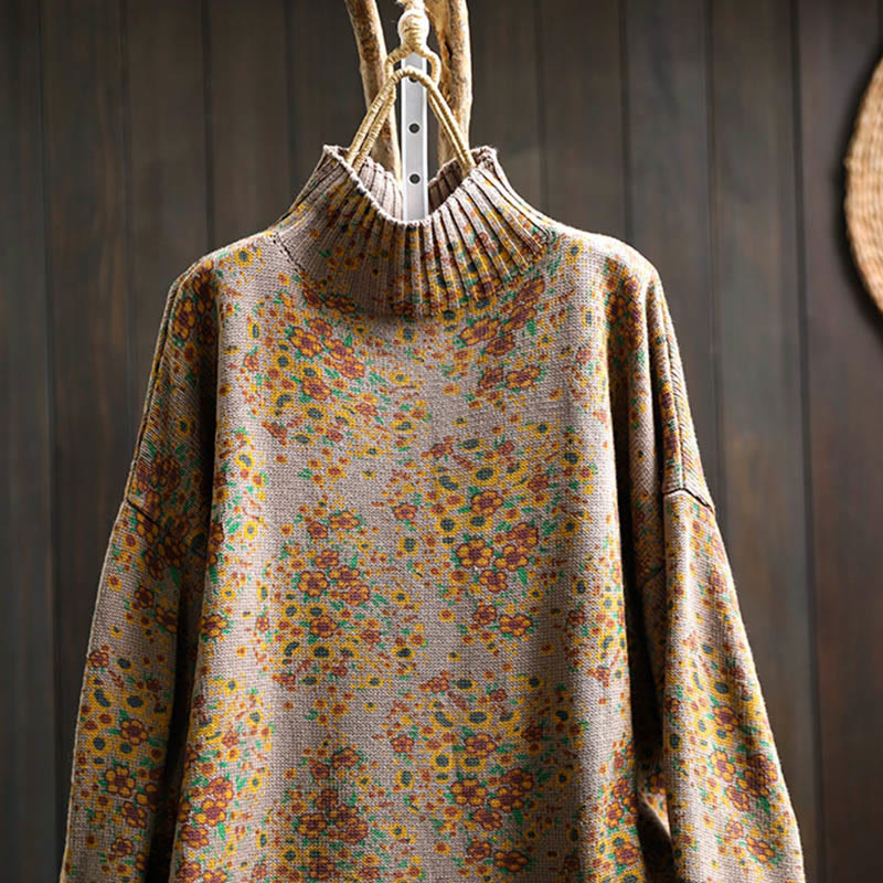 Women's Knitted Floral Cotton Ribbed Hem Long Sleeve Mock Neck Sweater