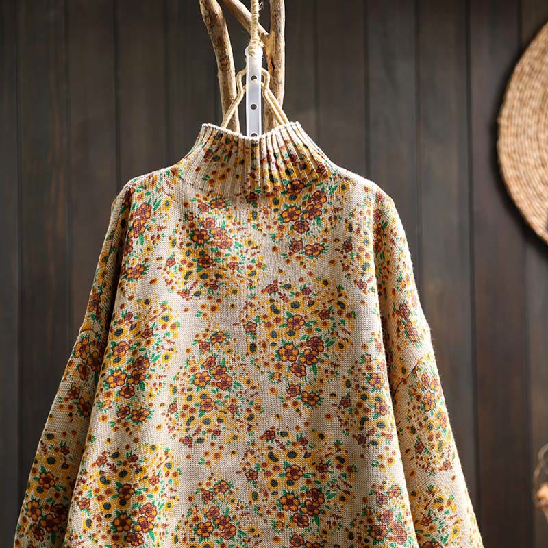 Women's Knitted Floral Cotton Ribbed Hem Long Sleeve Mock Neck Sweater