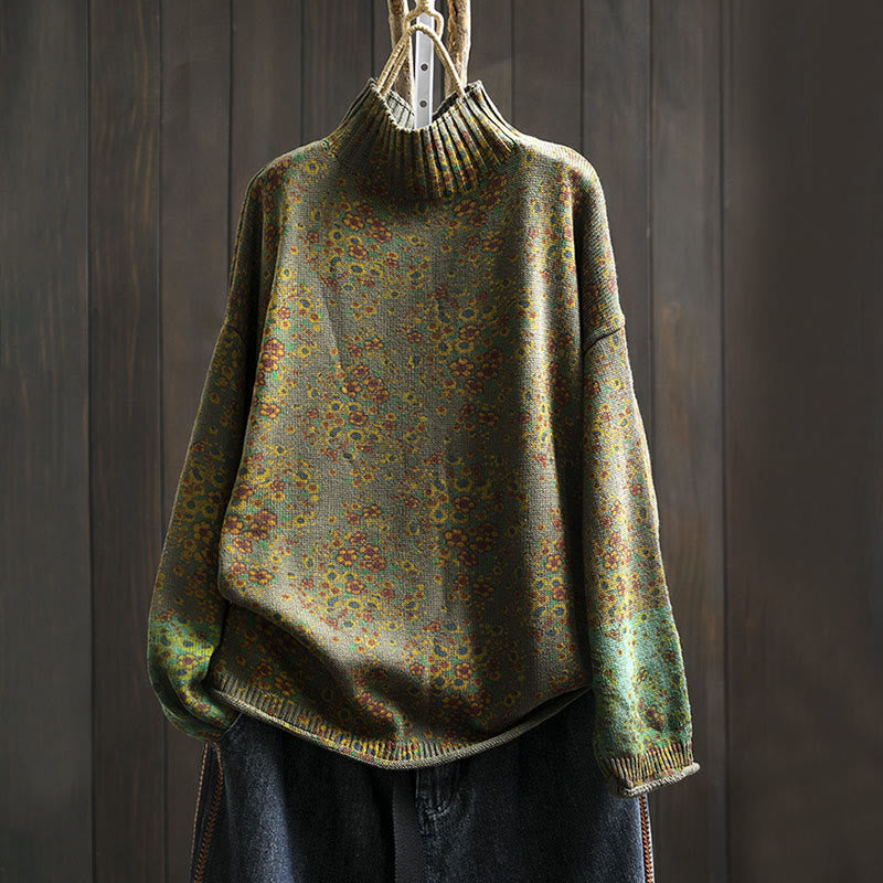 Women's Knitted Floral Cotton Ribbed Hem Long Sleeve Mock Neck Sweater