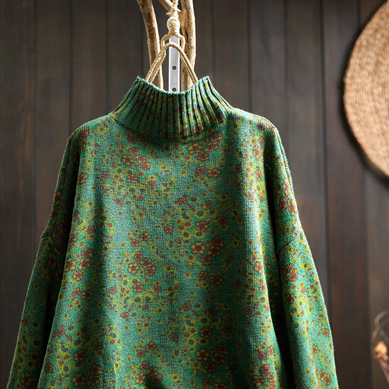 Women's Knitted Floral Cotton Ribbed Hem Long Sleeve Mock Neck Sweater