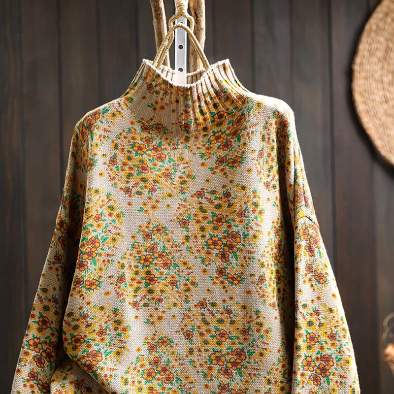 Women's Knitted Floral Cotton Ribbed Hem Long Sleeve Mock Neck Sweater