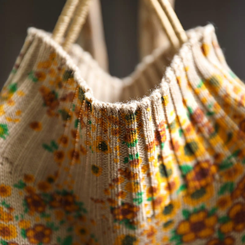 Women's Knitted Floral Cotton Ribbed Hem Long Sleeve Mock Neck Sweater