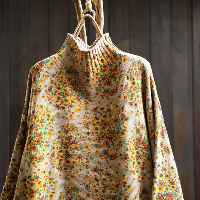 Women's Knitted Floral Cotton Ribbed Hem Long Sleeve Mock Neck Sweater