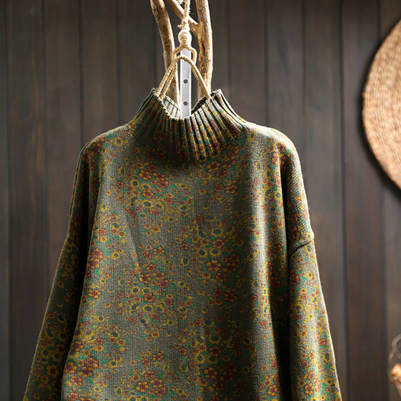 Women's Knitted Floral Cotton Ribbed Hem Long Sleeve Mock Neck Sweater