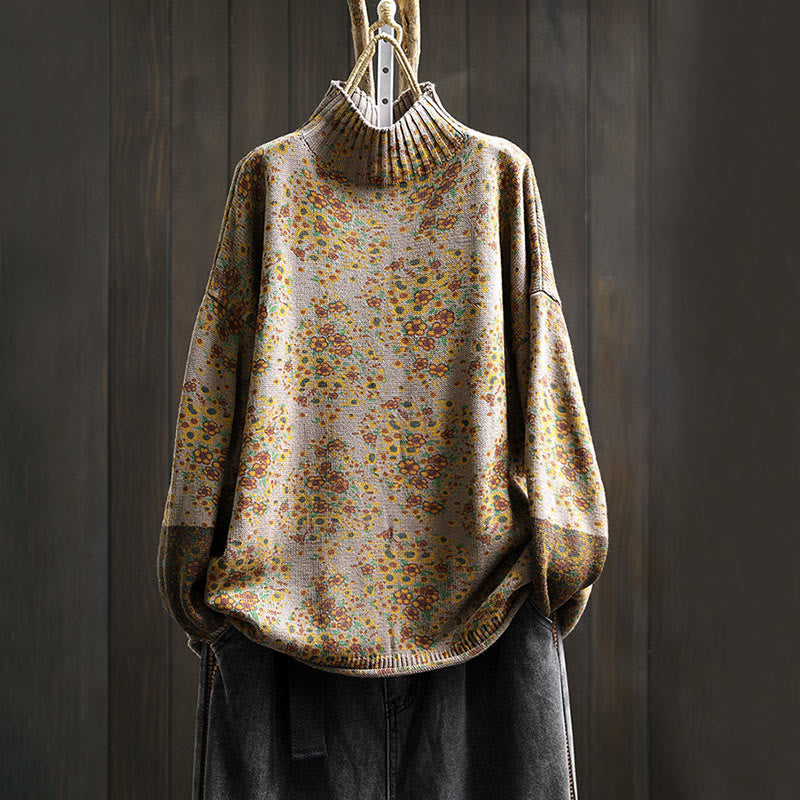 Women's Knitted Floral Cotton Ribbed Hem Long Sleeve Mock Neck Sweater
