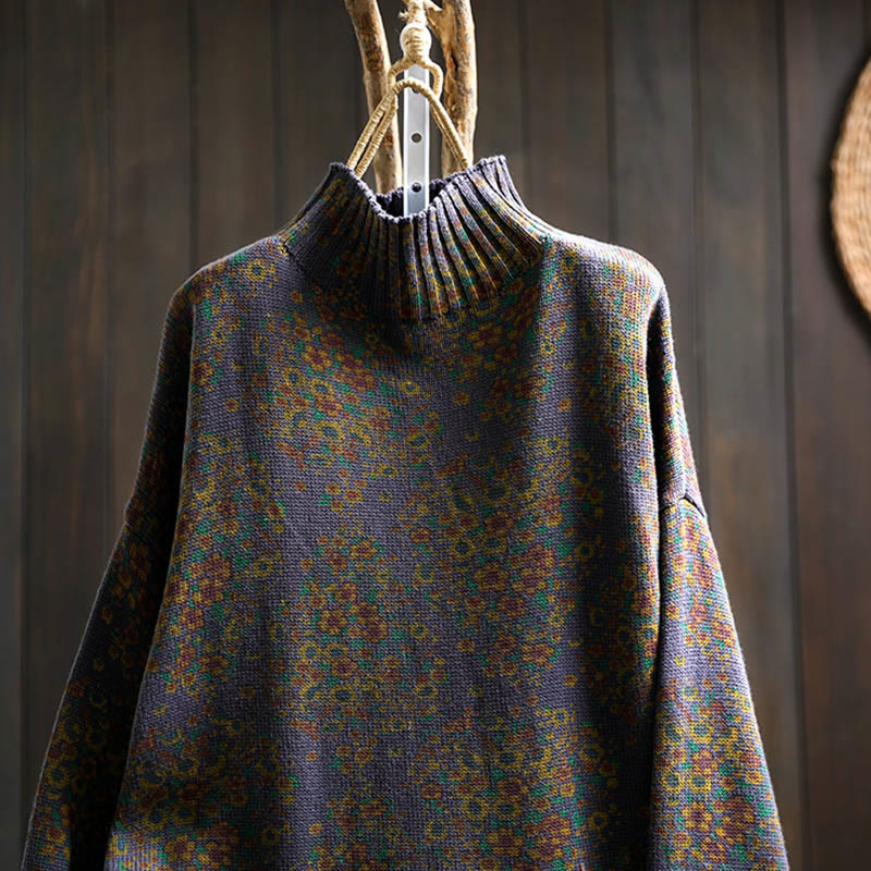 Women's Knitted Floral Cotton Ribbed Hem Long Sleeve Mock Neck Sweater