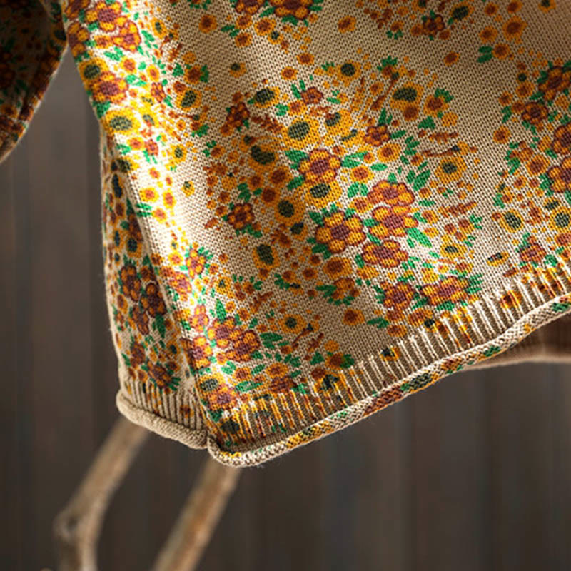 Women's Knitted Floral Cotton Ribbed Hem Long Sleeve Mock Neck Sweater