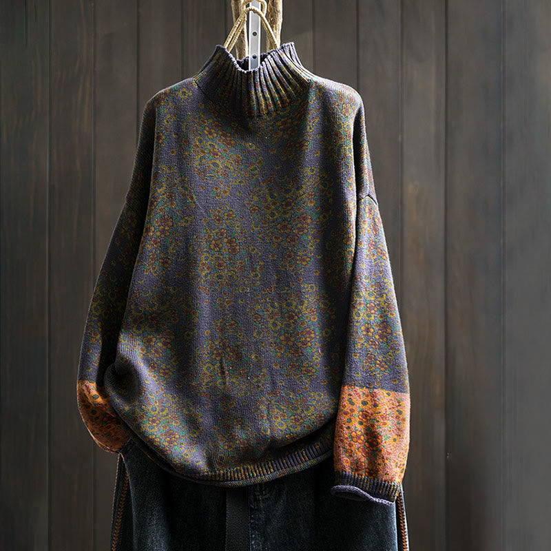 Women's Knitted Floral Cotton Ribbed Hem Long Sleeve Mock Neck Sweater