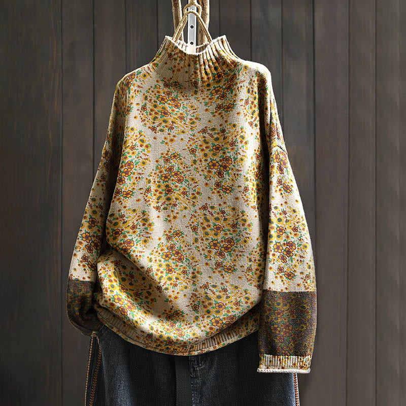 Women's Knitted Floral Cotton Ribbed Hem Long Sleeve Mock Neck Sweater