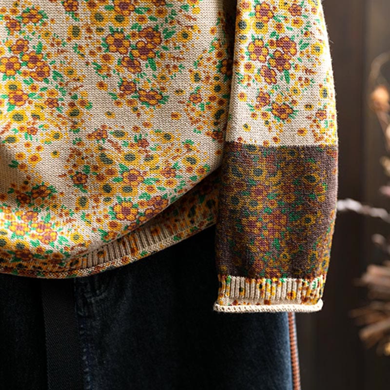 Women's Knitted Floral Cotton Ribbed Hem Long Sleeve Mock Neck Sweater