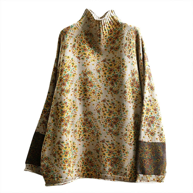 Women's Knitted Floral Cotton Ribbed Hem Long Sleeve Mock Neck Sweater