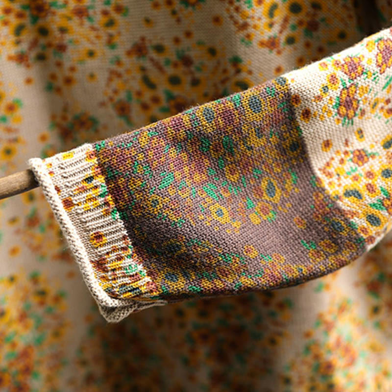 Women's Knitted Floral Cotton Ribbed Hem Long Sleeve Mock Neck Sweater