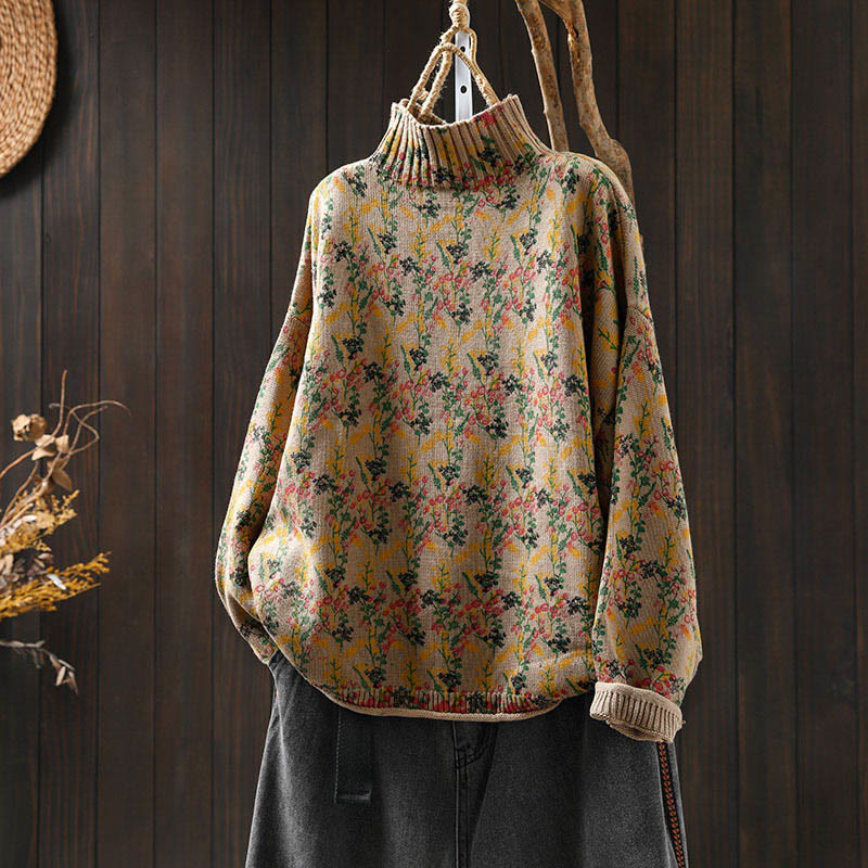 Knitted Plant Pattern Long Sleeve Mock Neck Women's Cotton Sweater