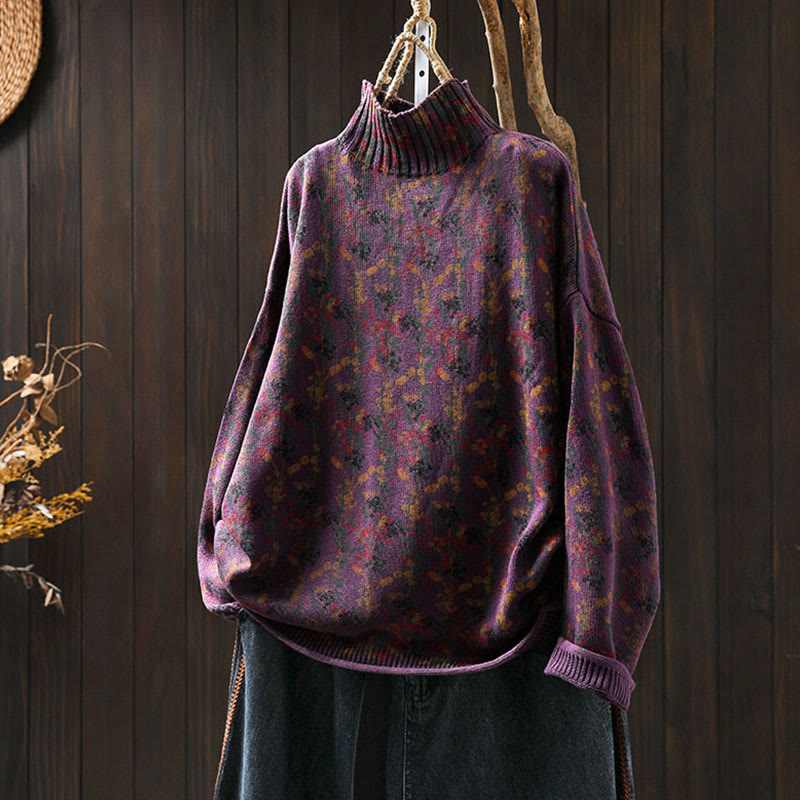 Knitted Plant Pattern Long Sleeve Mock Neck Women's Cotton Sweater