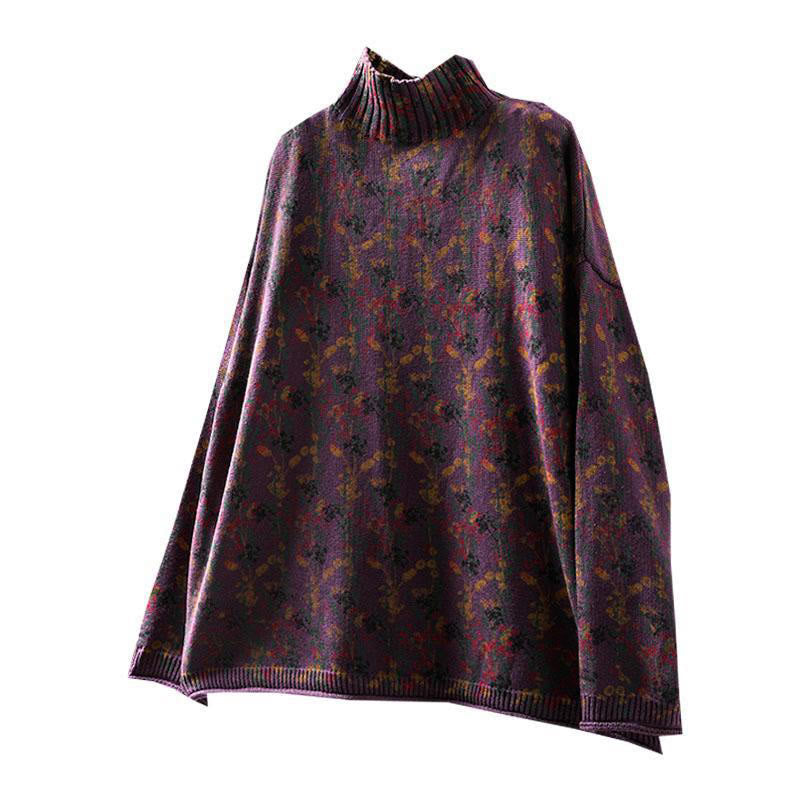 Knitted Plant Pattern Long Sleeve Mock Neck Women's Cotton Sweater