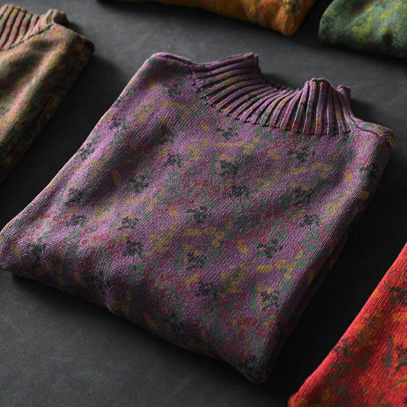 Knitted Plant Pattern Long Sleeve Mock Neck Women's Cotton Sweater