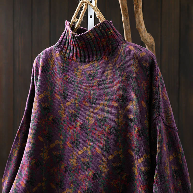 Knitted Plant Pattern Long Sleeve Mock Neck Women's Cotton Sweater