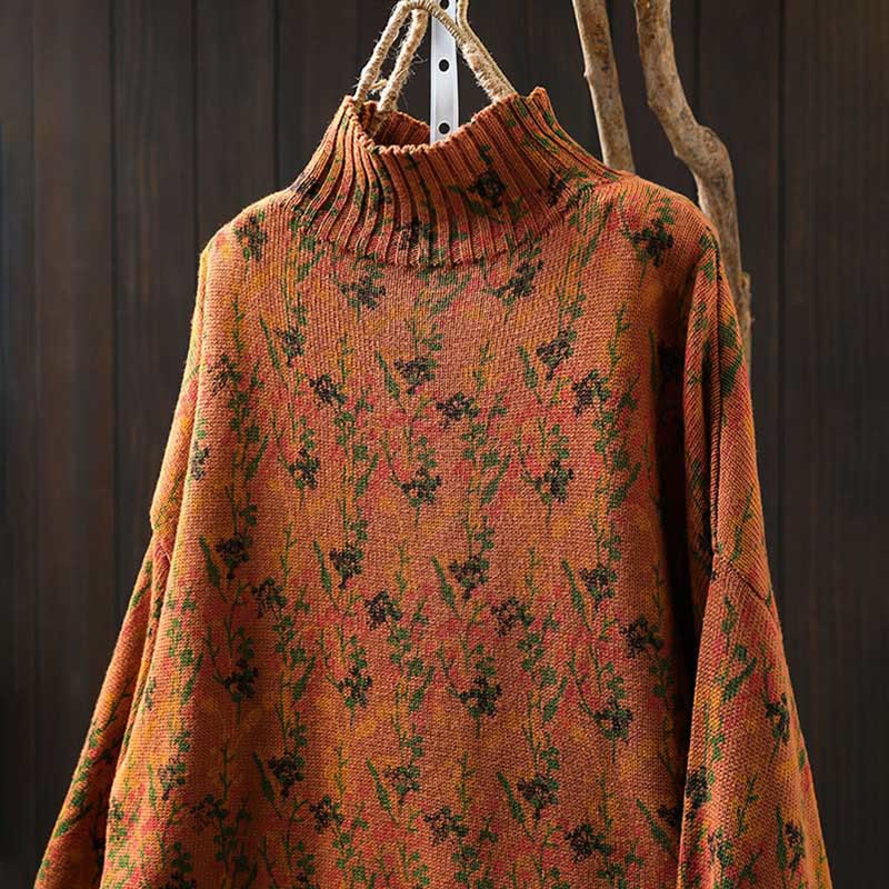 Knitted Plant Pattern Long Sleeve Mock Neck Women's Cotton Sweater