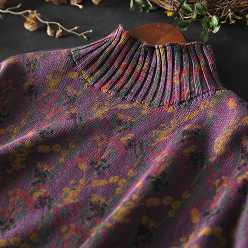 Knitted Plant Pattern Long Sleeve Mock Neck Women's Cotton Sweater