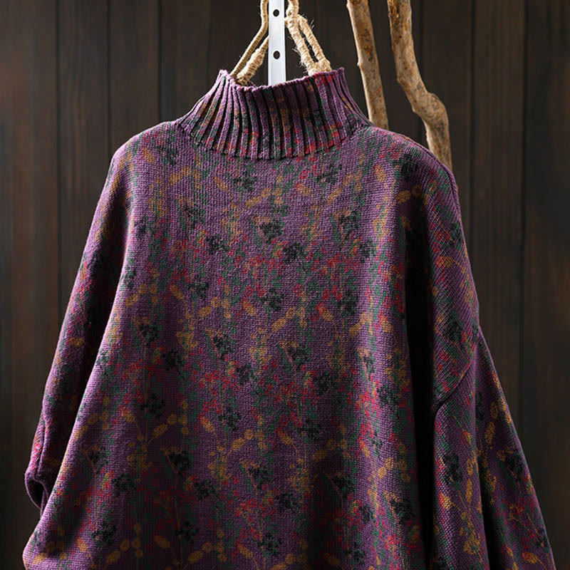 Knitted Plant Pattern Long Sleeve Mock Neck Women's Cotton Sweater