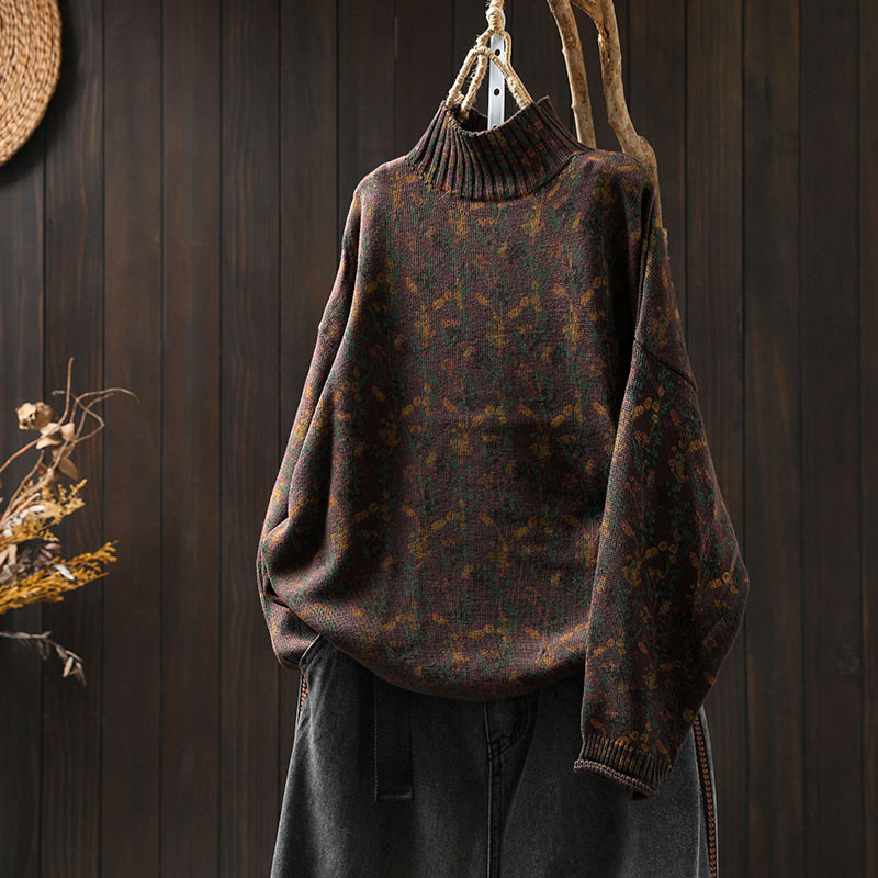 Knitted Plant Pattern Long Sleeve Mock Neck Women's Cotton Sweater