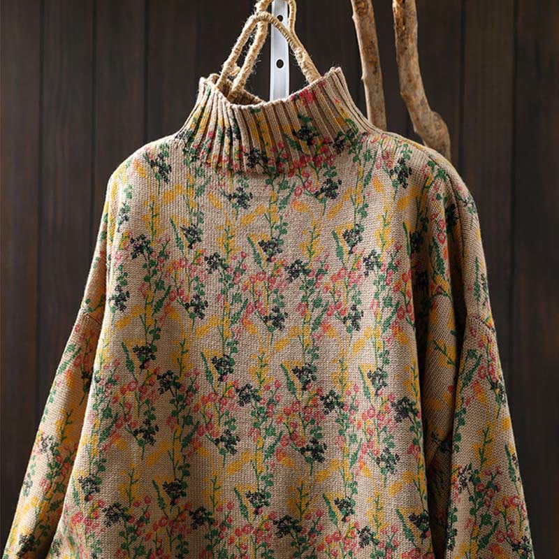 Knitted Plant Pattern Long Sleeve Mock Neck Women's Cotton Sweater