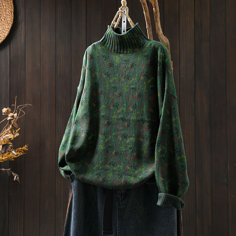 Knitted Plant Pattern Long Sleeve Mock Neck Women's Cotton Sweater