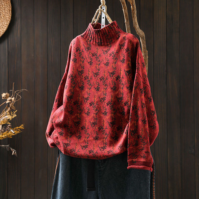 Knitted Plant Pattern Long Sleeve Mock Neck Women's Cotton Sweater