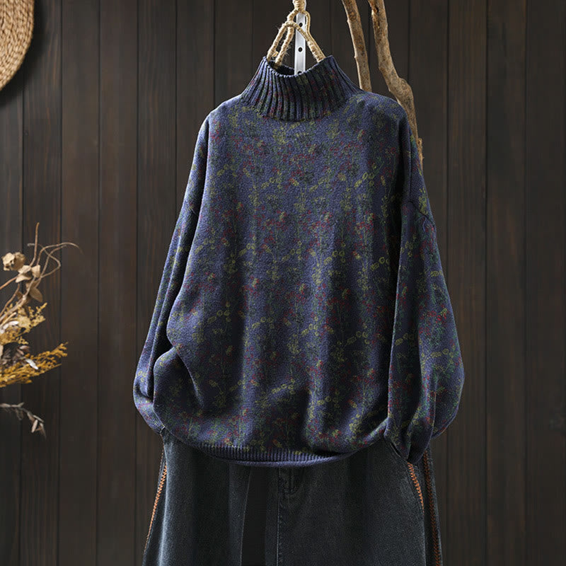 Knitted Plant Pattern Long Sleeve Mock Neck Women's Cotton Sweater