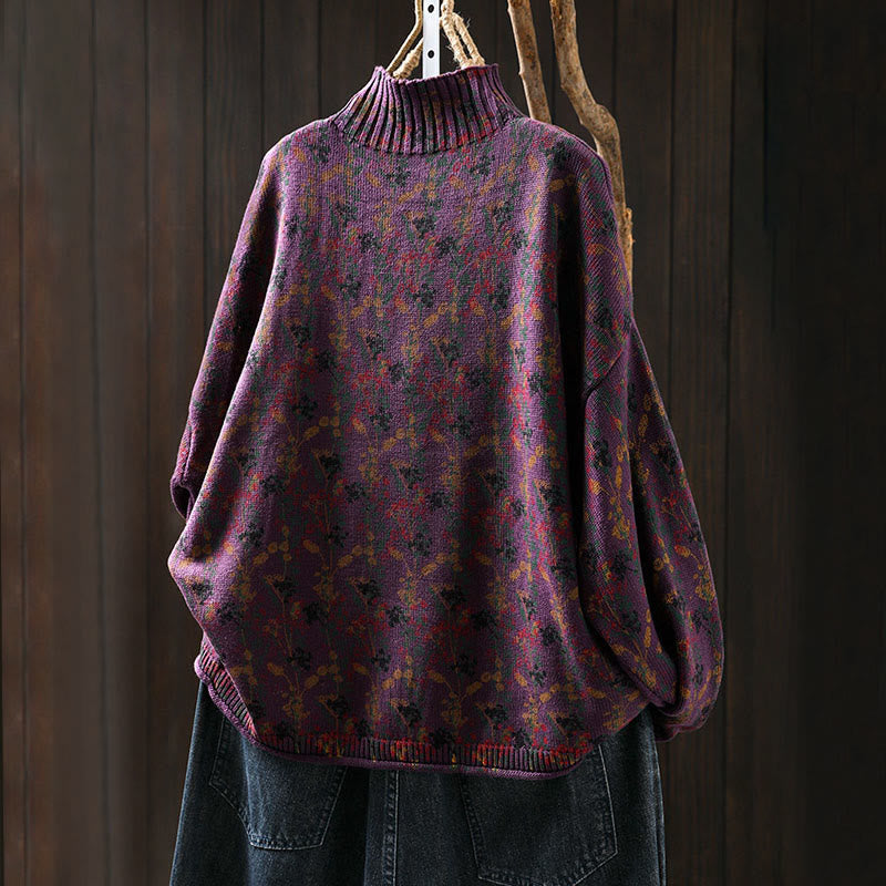 Knitted Plant Pattern Long Sleeve Mock Neck Women's Cotton Sweater