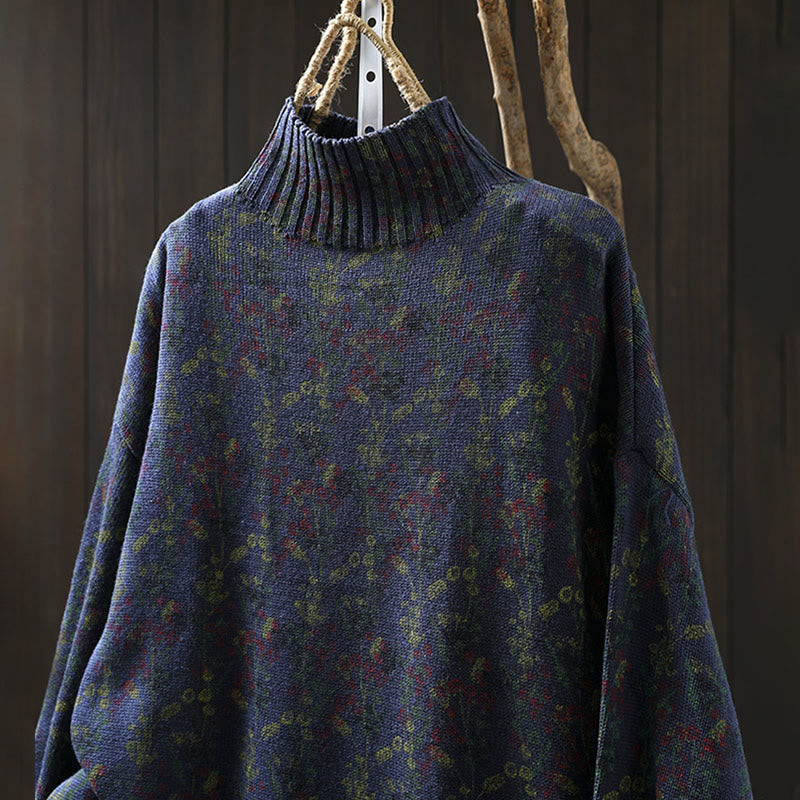Knitted Plant Pattern Long Sleeve Mock Neck Women's Cotton Sweater
