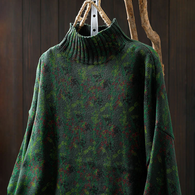 Knitted Plant Pattern Long Sleeve Mock Neck Women's Cotton Sweater