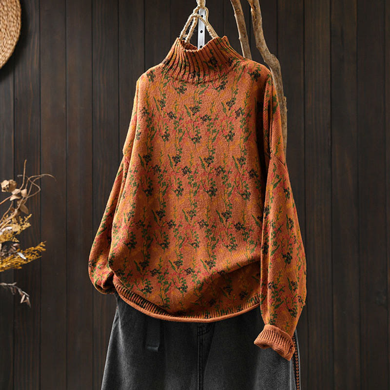 Knitted Plant Pattern Long Sleeve Mock Neck Women's Cotton Sweater
