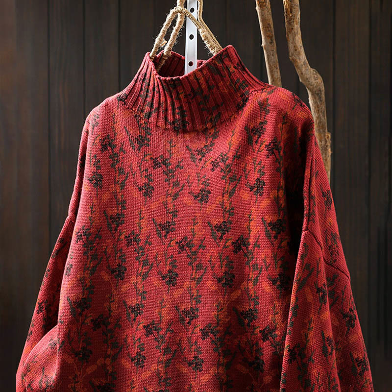 Knitted Plant Pattern Long Sleeve Mock Neck Women's Cotton Sweater